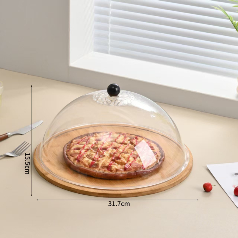 Bambusest puidust eksponeerimisplaat tolmukaitse ja läbipaistva kaanega – ümmargune kookide ja magustoplaat, puuviljade degusteerimiskast