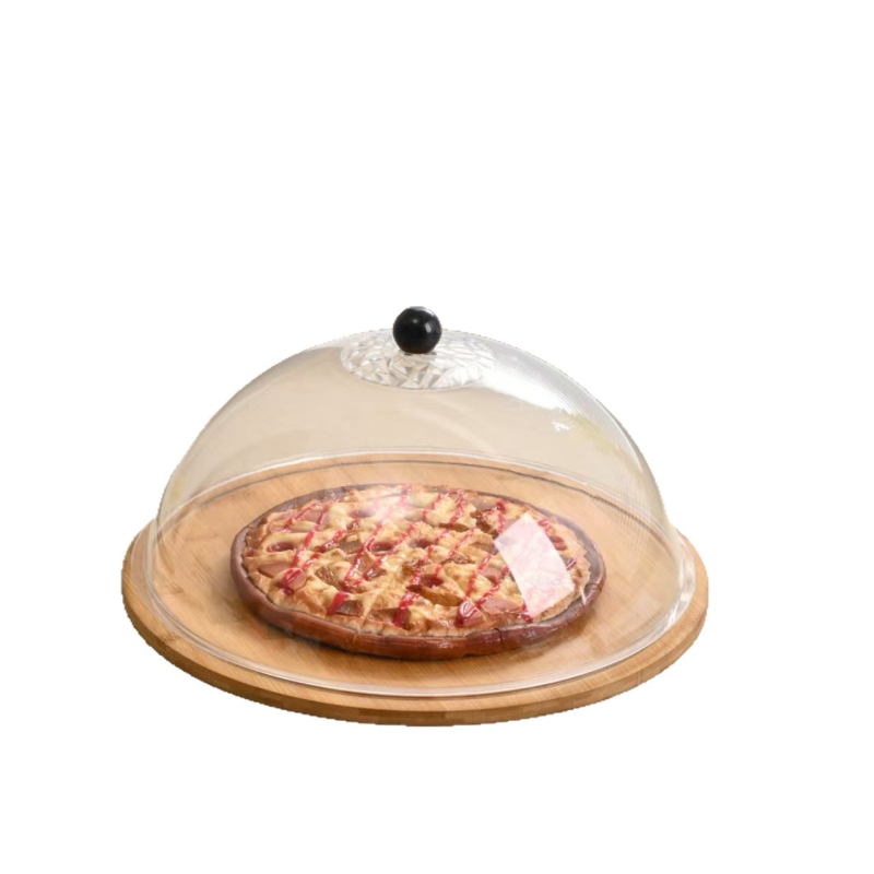 Bambusest puidust eksponeerimisplaat tolmukaitse ja läbipaistva kaanega – ümmargune kookide ja magustoplaat, puuviljade degusteerimiskast