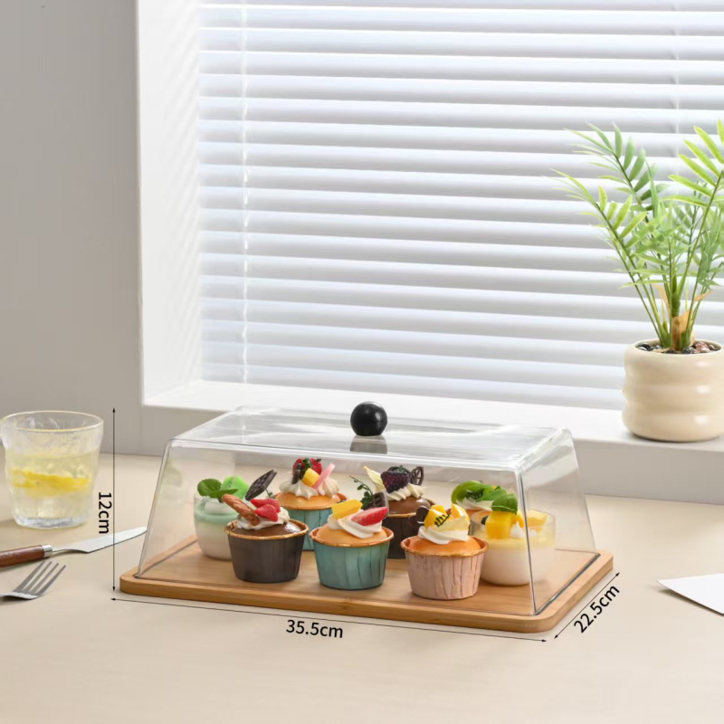 Bambusest puidust eksponeerimisplaat tolmukaitse ja läbipaistva kaanega – ümmargune kookide ja magustoplaat, puuviljade degusteerimiskast