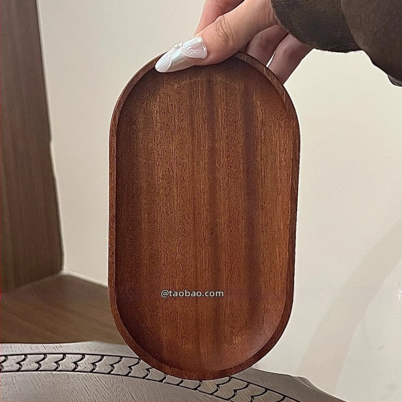 Japonský štýl masívneho dreva oválny podnos s držiakom na poháre a úložným priestorom na šperky