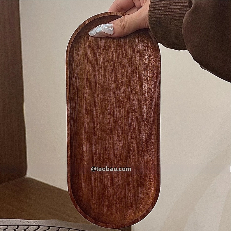 Japonský štýl masívneho dreva oválny podnos s držiakom na poháre a úložným priestorom na šperky