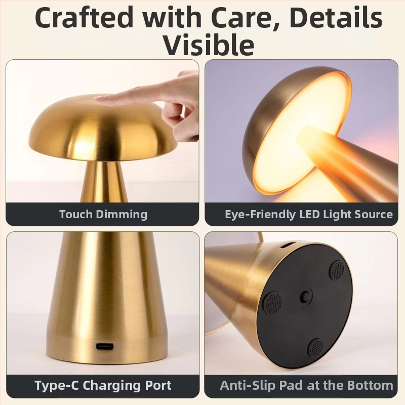 Kovová stolná lampa s tvarom huby – USB nabíjanie, dotykové ovládanie, nočná ambientná lampa, Mugrids, CE certifikát