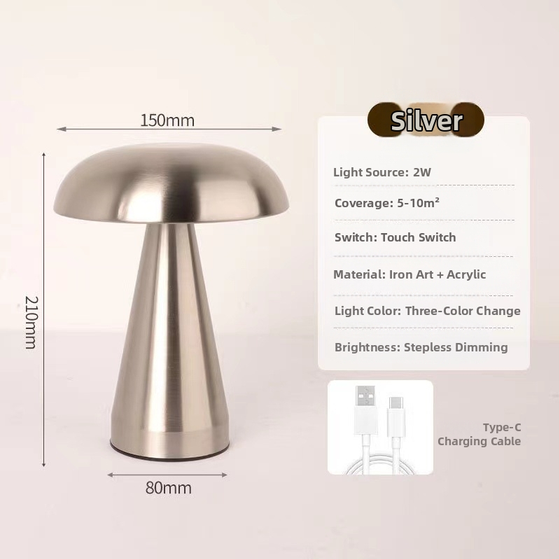 Метална настолна лампа с форма на гъба – USB зареждане, докосване за управление, нощна светлина, креативна амбиентна лампа (Mugrids, CE сертифициран)