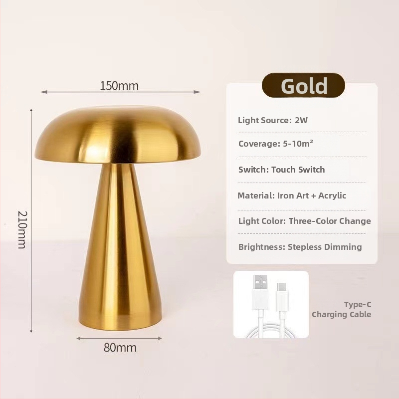 Метална настолна лампа с форма на гъба – USB зареждане, докосване за управление, нощна светлина, креативна амбиентна лампа (Mugrids, CE сертифициран)