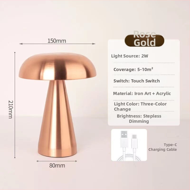 Метална настолна лампа с форма на гъба – USB зареждане, докосване за управление, нощна светлина, креативна амбиентна лампа (Mugrids, CE сертифициран)