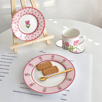 Κεραμικό σετ φλυτζανιού καφέ με πιατέλα, φλοραλ μοτίβο, εκτυπωμένο λογότυπο, κατάλληλο για γραφείο και καφέ