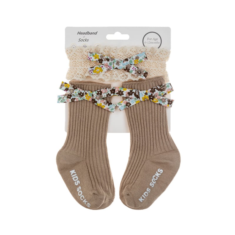 Комплект лента за коса с дантела и чорапи за деца — плат, антихлъзгащи чорапи за лазене, възрасти 0–3 и 3–6 г