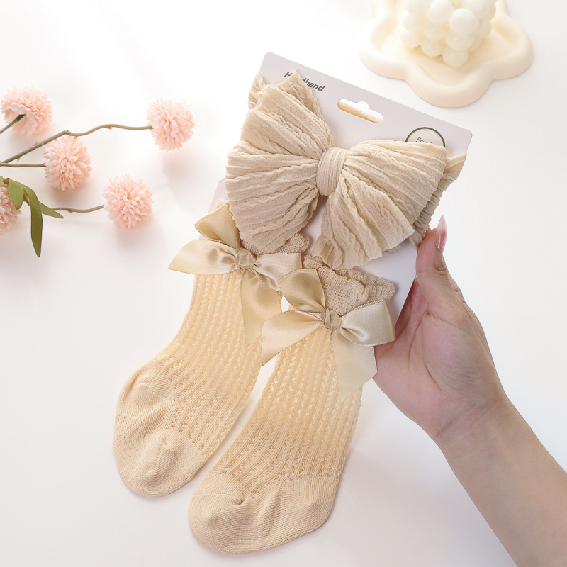 Set za djecu: traka za kosu i čarape – dvostruka mašna, jacquard traka od najlona, pamukaste čarape s izrezanim uzorkom