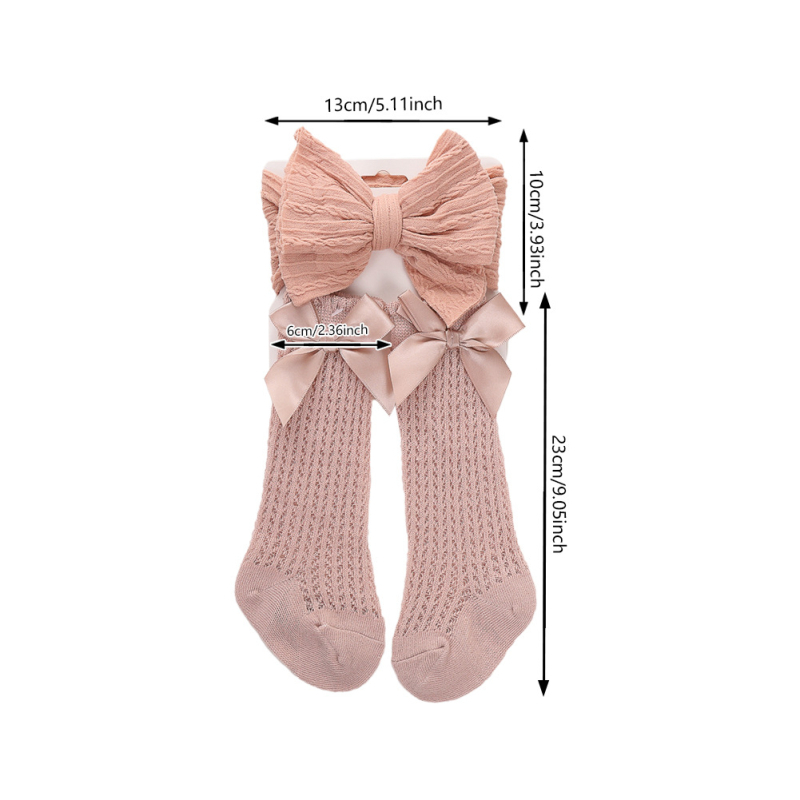Set za djecu: traka za kosu i čarape – dvostruka mašna, jacquard traka od najlona, pamukaste čarape s izrezanim uzorkom