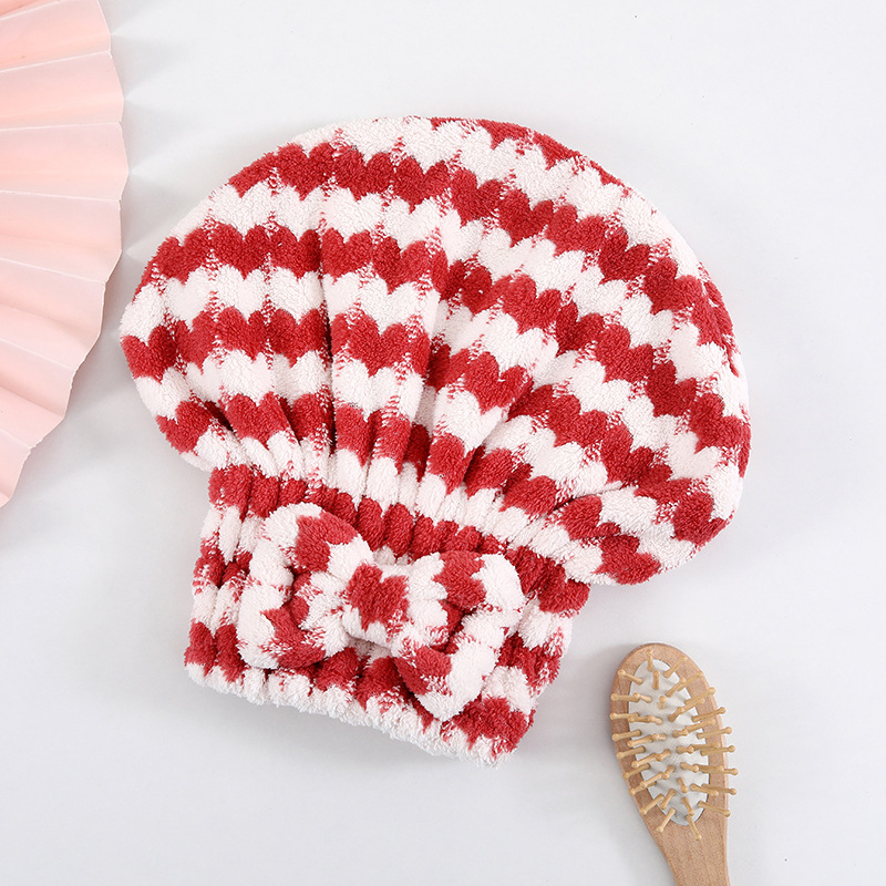 Шапка за сушене на коса с дизайн на панделка и сърце, двуслойна, корал флийс, водопоглъщаща, тегло 50–79 g