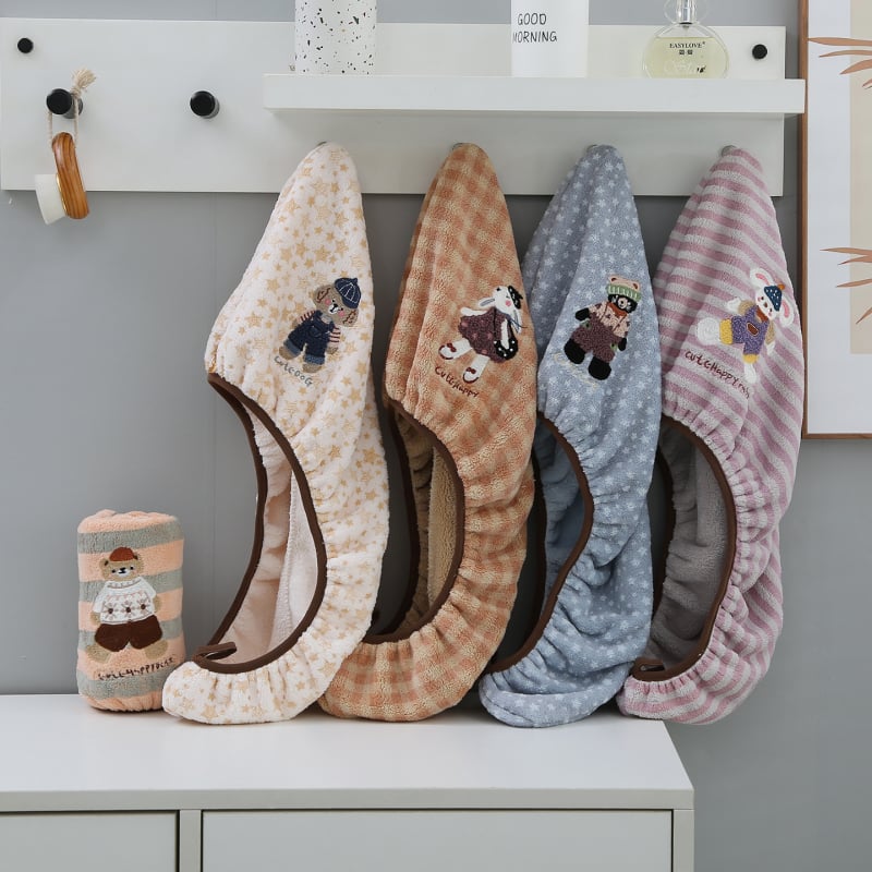 Σκούφος για στέγνωμα μαλλιών από coral fleece, με κέντημα ζωολογικού πάρκου, νήμα μικροϊνών, 80–99 γρ