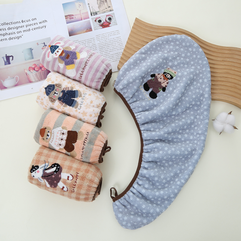 Σκούφος για στέγνωμα μαλλιών από coral fleece, με κέντημα ζωολογικού πάρκου, νήμα μικροϊνών, 80–99 γρ