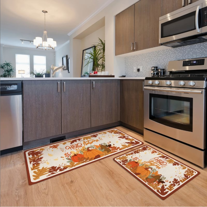 Комплект кухненски подложки с дизайн Деня на благодарността — пуйка и тиква, полиестер, печат, квадратна форма, фестивален стил, пране с вода