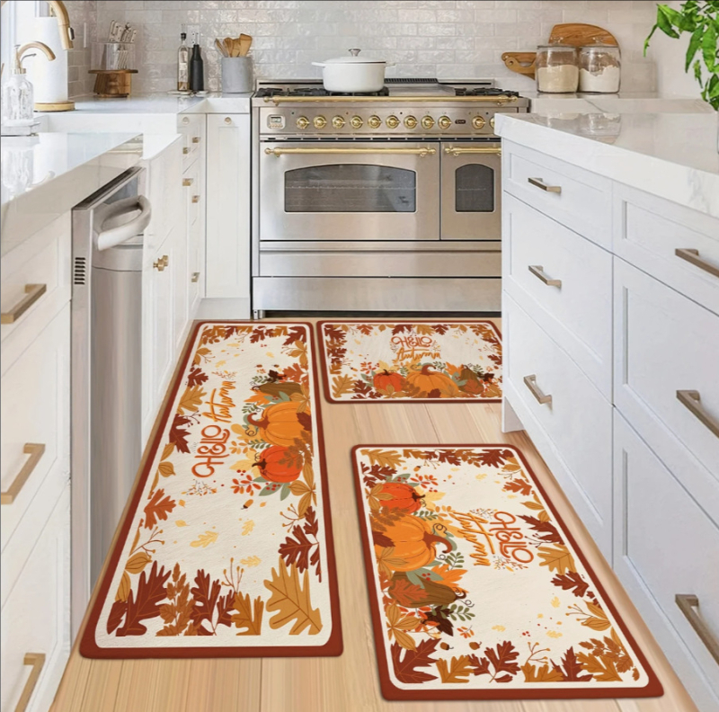 Комплект кухненски подложки с дизайн Деня на благодарността — пуйка и тиква, полиестер, печат, квадратна форма, фестивален стил, пране с вода