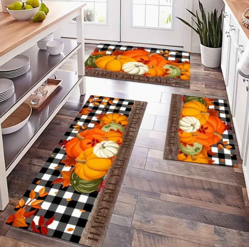 Комплект кухненски подложки с дизайн Деня на благодарността — пуйка и тиква, полиестер, печат, квадратна форма, фестивален стил, пране с вода