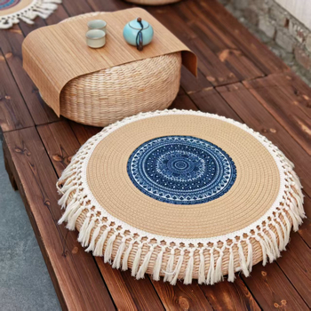 Тръстикова кръгла възглавница за под с снежинки и ботанични мотиви, бохемски минималистичен стил, вдъхновен от японски дизайн