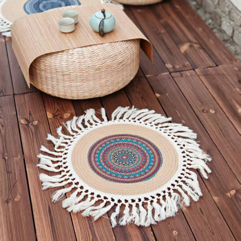 Тръстикова кръгла възглавница за под с снежинки и ботанични мотиви, бохемски минималистичен стил, вдъхновен от японски дизайн