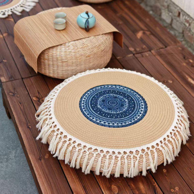 Тръстикова кръгла възглавница за под с снежинки и ботанични мотиви, бохемски минималистичен стил, вдъхновен от японски дизайн