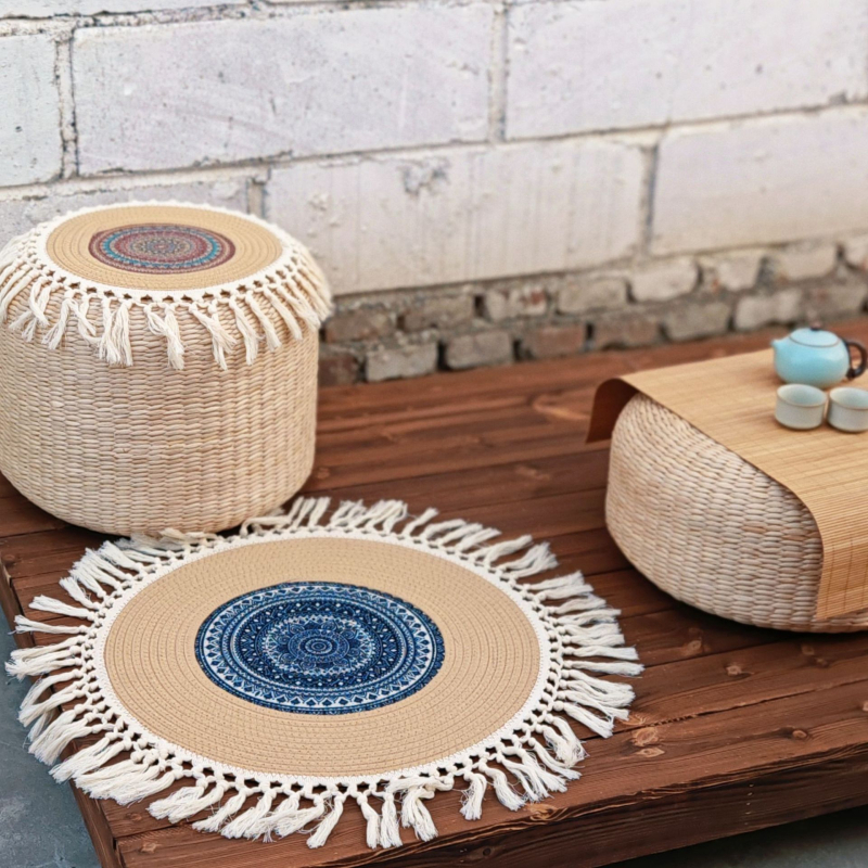 Тръстикова кръгла възглавница за под с снежинки и ботанични мотиви, бохемски минималистичен стил, вдъхновен от японски дизайн