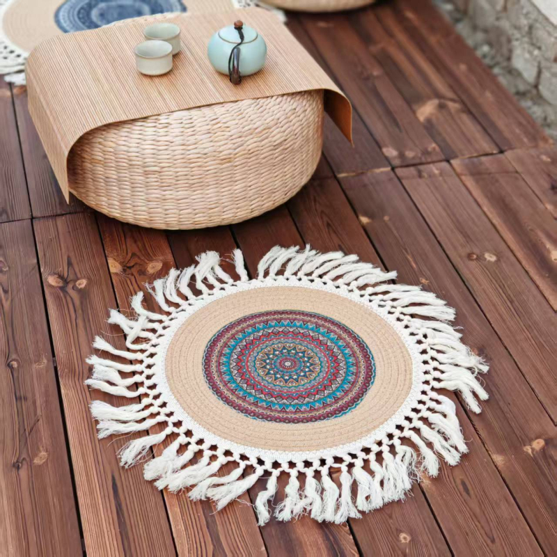 Тръстикова кръгла възглавница за под с снежинки и ботанични мотиви, бохемски минималистичен стил, вдъхновен от японски дизайн