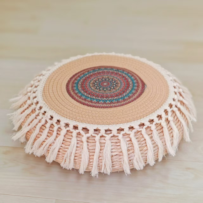 Тръстикова кръгла възглавница за под с снежинки и ботанични мотиви, бохемски минималистичен стил, вдъхновен от японски дизайн