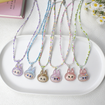 Labubu карикатурна огърлица, ръчна изработка от смола, ланец с топчета