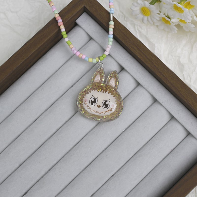 Labubu карикатурна огърлица, ръчна изработка от смола, ланец с топчета