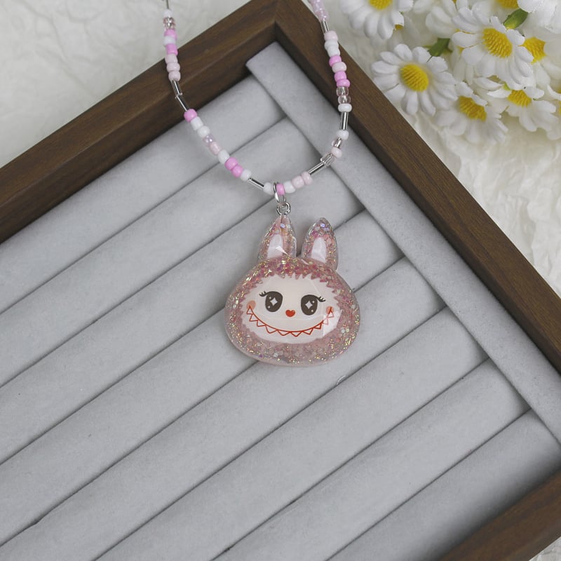 Labubu карикатурна огърлица, ръчна изработка от смола, ланец с топчета