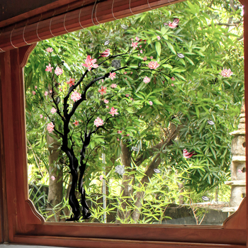 PVC стенен стикер - флорални клонки с птици и пеперуди, модерен минималистичен декор за стъкло за всекидневна/спалня, 1 бр.