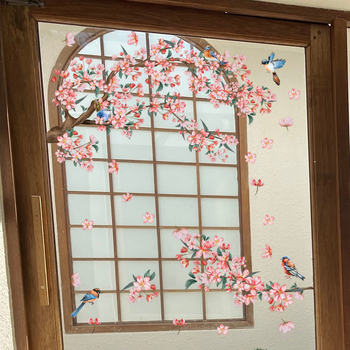 PVC стенен стикер - флорални клонки с птици и пеперуди, модерен минималистичен декор за стъкло за всекидневна/спалня, 1 бр.