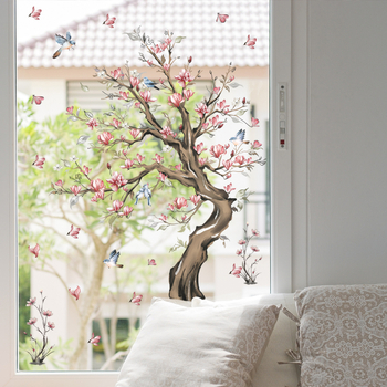 PVC стенен стикер - флорални клонки с птици и пеперуди, модерен минималистичен декор за стъкло за всекидневна/спалня, 1 бр.
