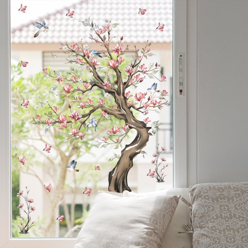 PVC стенен стикер - флорални клонки с птици и пеперуди, модерен минималистичен декор за стъкло за всекидневна/спалня, 1 бр.