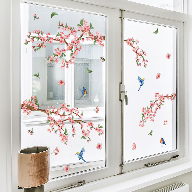 PVC стенен стикер - флорални клонки с птици и пеперуди, модерен минималистичен декор за стъкло за всекидневна/спалня, 1 бр.