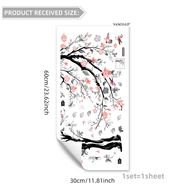 PVC стенен стикер - флорални клонки с птици и пеперуди, модерен минималистичен декор за стъкло за всекидневна/спалня, 1 бр.