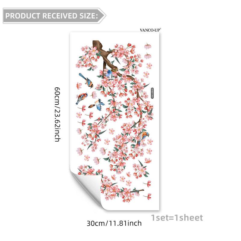 PVC стенен стикер - флорални клонки с птици и пеперуди, модерен минималистичен декор за стъкло за всекидневна/спалня, 1 бр.