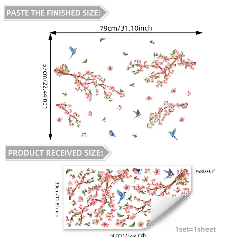 PVC стенен стикер - флорални клонки с птици и пеперуди, модерен минималистичен декор за стъкло за всекидневна/спалня, 1 бр.