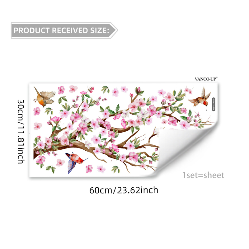 PVC стенен стикер - флорални клонки с птици и пеперуди, модерен минималистичен декор за стъкло за всекидневна/спалня, 1 бр.