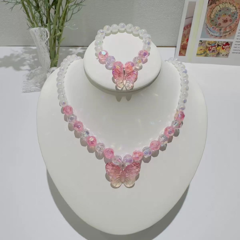 Set nakita za djecu: ogrlica, naušnice i narukvica s motivom leptira, imitacijske perle, ručna izrada, svjež i sladak stil