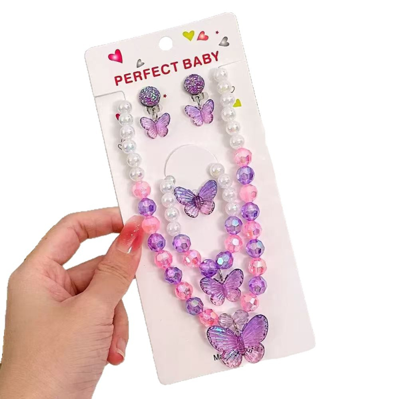 Set nakita za djecu: ogrlica, naušnice i narukvica s motivom leptira, imitacijske perle, ručna izrada, svjež i sladak stil