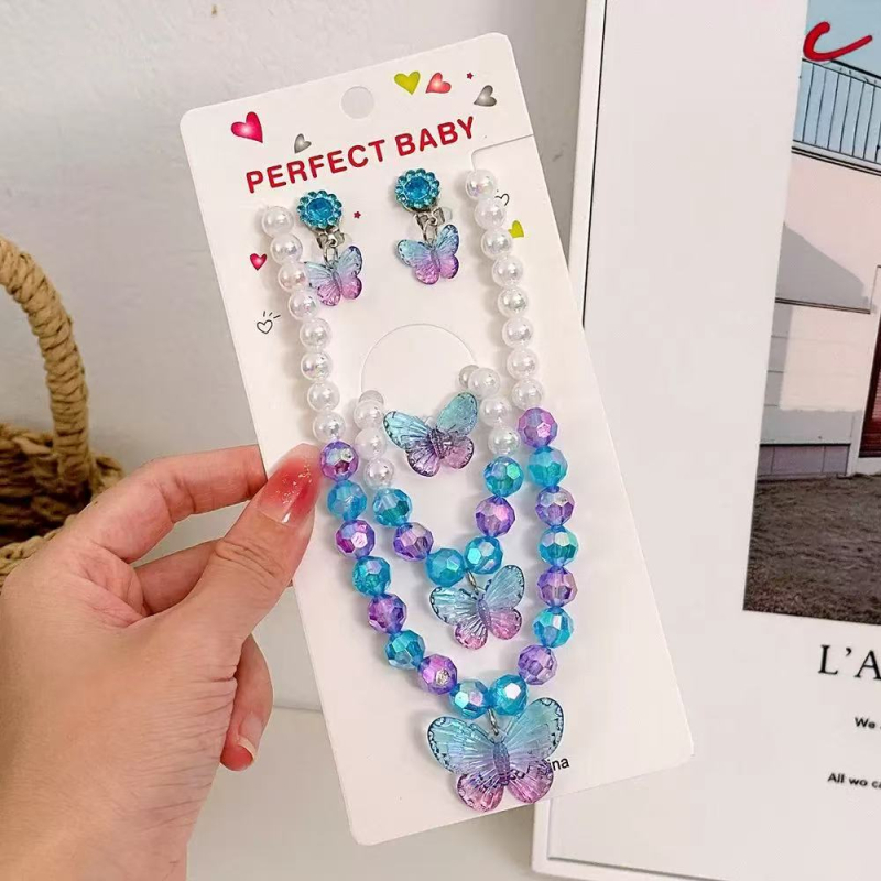 Set nakita za djecu: ogrlica, naušnice i narukvica s motivom leptira, imitacijske perle, ručna izrada, svjež i sladak stil