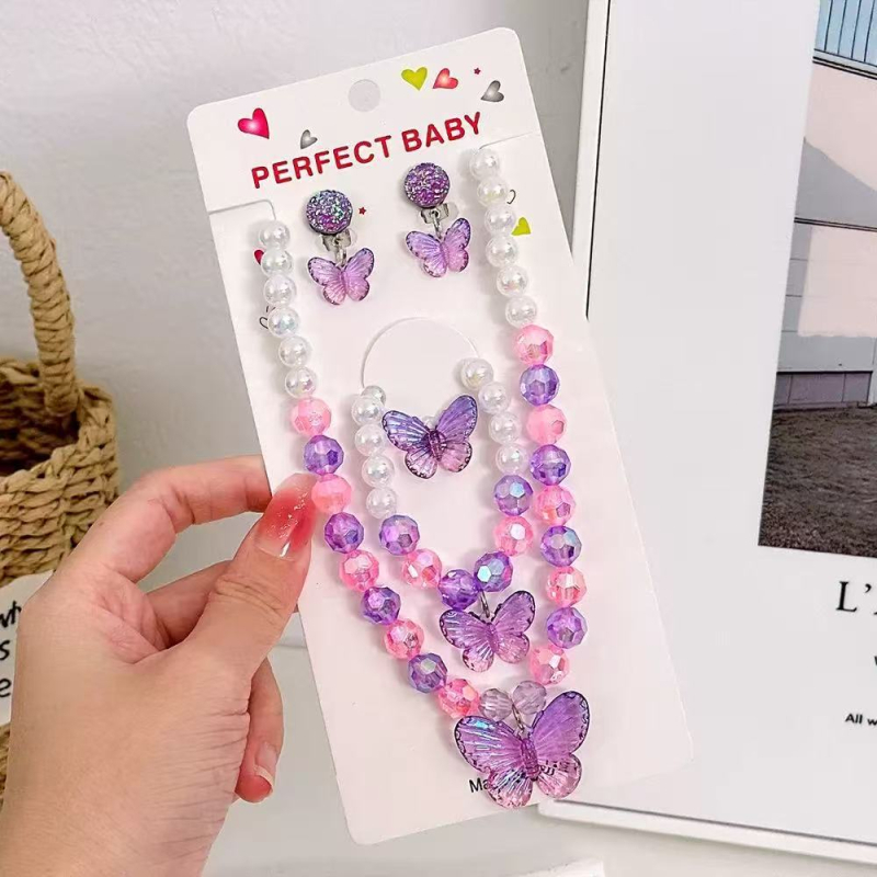 Set nakita za djecu: ogrlica, naušnice i narukvica s motivom leptira, imitacijske perle, ručna izrada, svjež i sladak stil