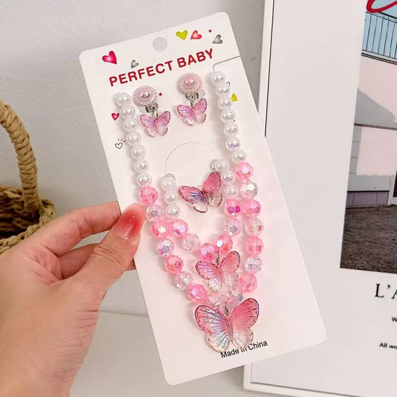 Set nakita za djecu: ogrlica, naušnice i narukvica s motivom leptira, imitacijske perle, ručna izrada, svjež i sladak stil