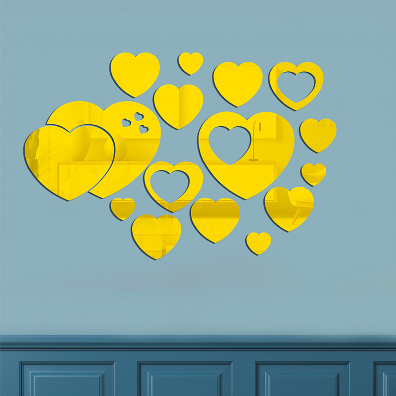 Сърцевидни акрилни огледални стенни стикери, двучастен комплект, 3D декоративен акцент, модерен минималистичен стил