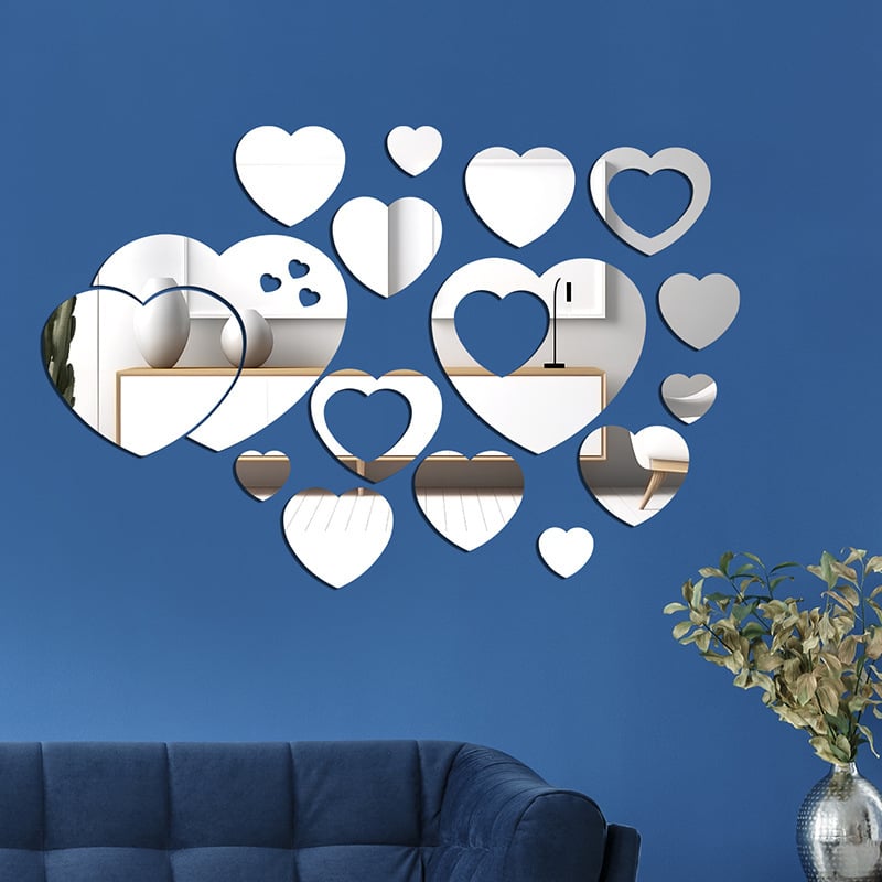 Сърцевидни акрилни огледални стенни стикери, двучастен комплект, 3D декоративен акцент, модерен минималистичен стил