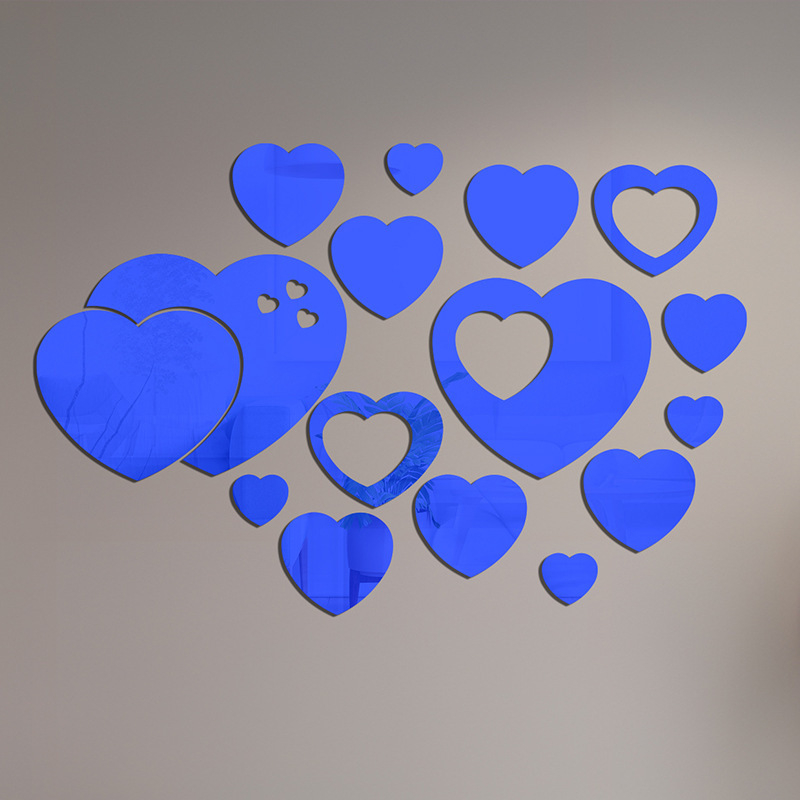 Сърцевидни акрилни огледални стенни стикери, двучастен комплект, 3D декоративен акцент, модерен минималистичен стил