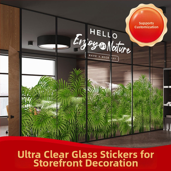 Stikla reklāmu uzlīmes vitrīnām, caurspīdīgi elektrostatiskie PVC uzlīmes veikaliem (PVC; elektrostatiska pielipšana; pielāgots raksts; komerciāliem telpām; mūsdienīgs minimalistiska stils)