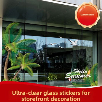 Stikla reklāmu uzlīmes vitrīnām, caurspīdīgi elektrostatiskie PVC uzlīmes veikaliem (PVC; elektrostatiska pielipšana; pielāgots raksts; komerciāliem telpām; mūsdienīgs minimalistiska stils)