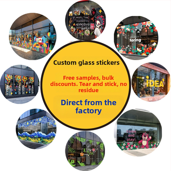 Stikla reklāmu uzlīmes vitrīnām, caurspīdīgi elektrostatiskie PVC uzlīmes veikaliem (PVC; elektrostatiska pielipšana; pielāgots raksts; komerciāliem telpām; mūsdienīgs minimalistiska stils)