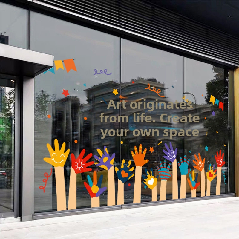 Stikla reklāmu uzlīmes vitrīnām, caurspīdīgi elektrostatiskie PVC uzlīmes veikaliem (PVC; elektrostatiska pielipšana; pielāgots raksts; komerciāliem telpām; mūsdienīgs minimalistiska stils)
