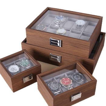 Кутия за часовници за показване - дървена, MDF+PU+цинкова сплав+стъкло, сглобяема, терминално опакована, за общо съхранение и бижута